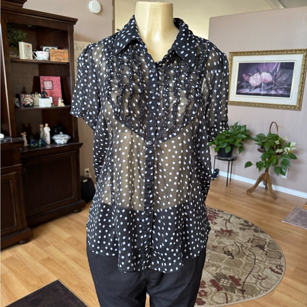 Perception Woman sheer black & white short sleeve blouse-size XL
